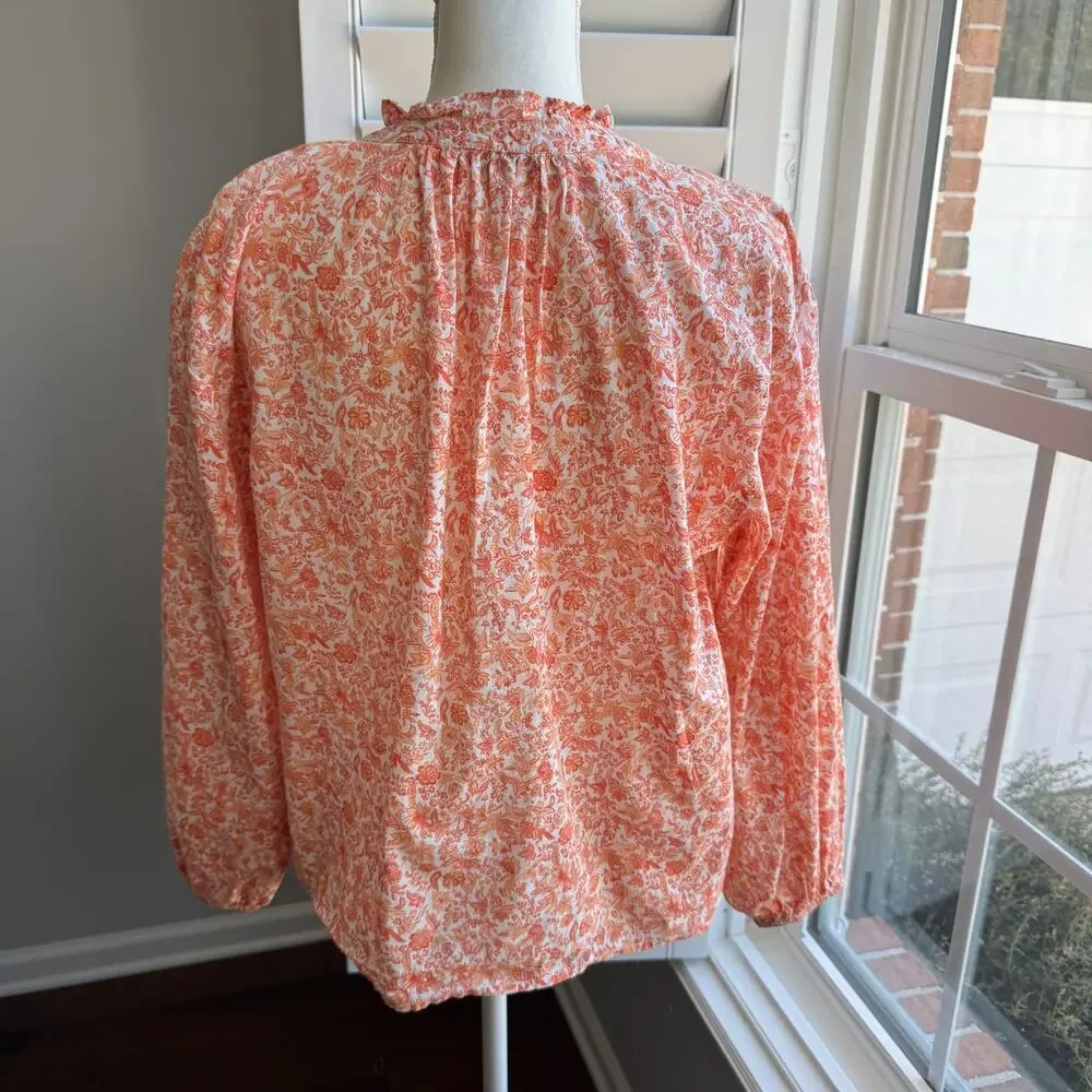 LOFT Peach Orange Floral Ruffle Neck Peasant Blouse Size Medium Petite - Picture 3 of 11